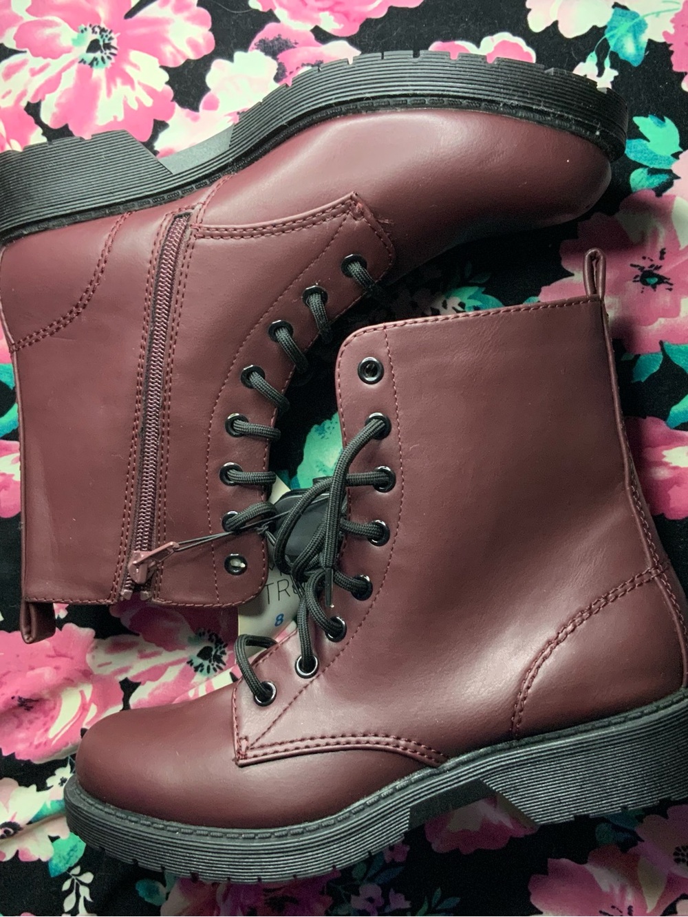 Time and Tru Women's Burgundy Lace-Up Ankle Boots with Side Zipper